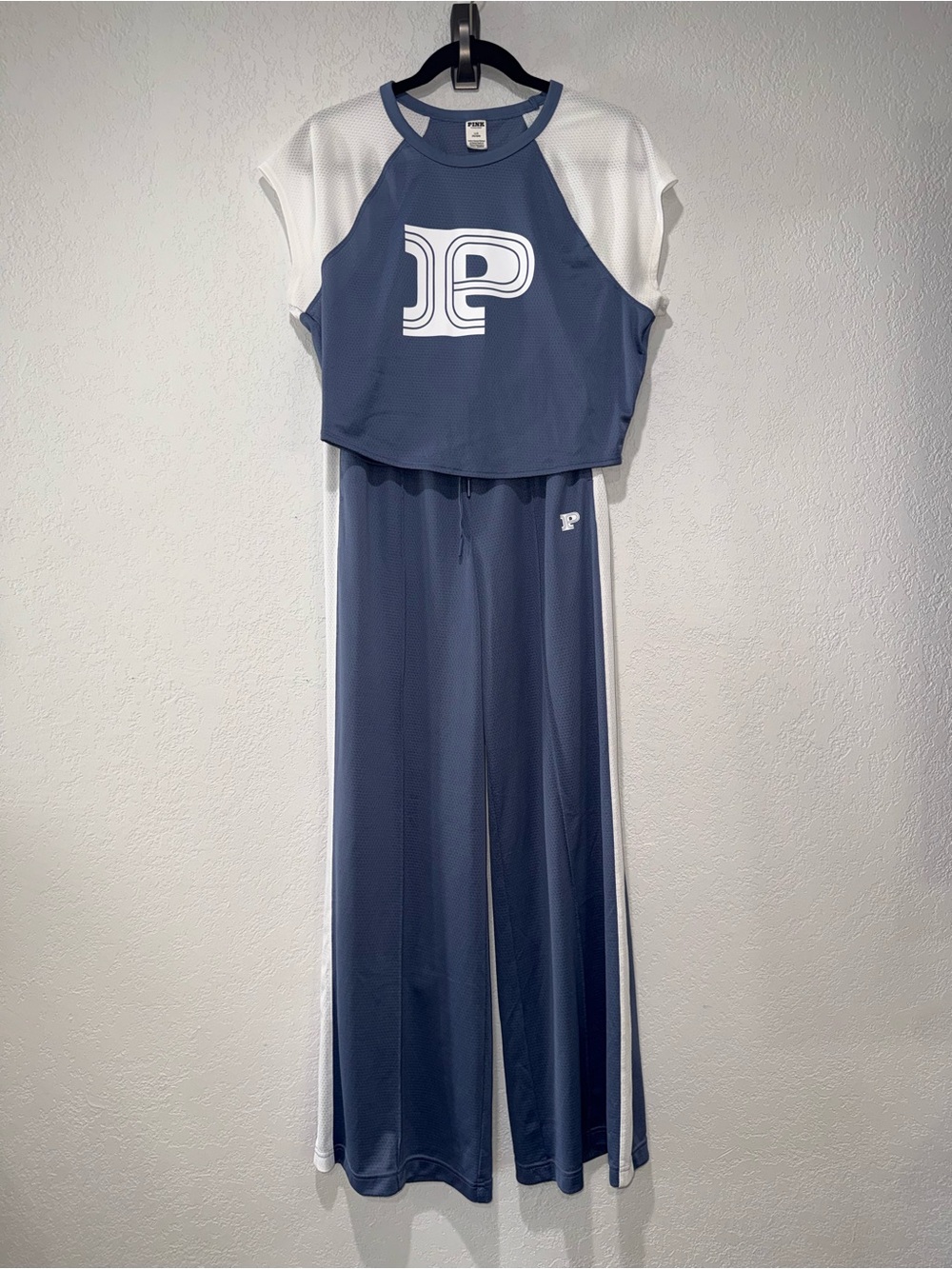 VS PINK Slate Blue White Mesh Two-Piece Set Crop Top & Wide Leg Pants